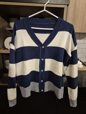 Navy and White Striped V-Neck Button Cardigan Sweater
